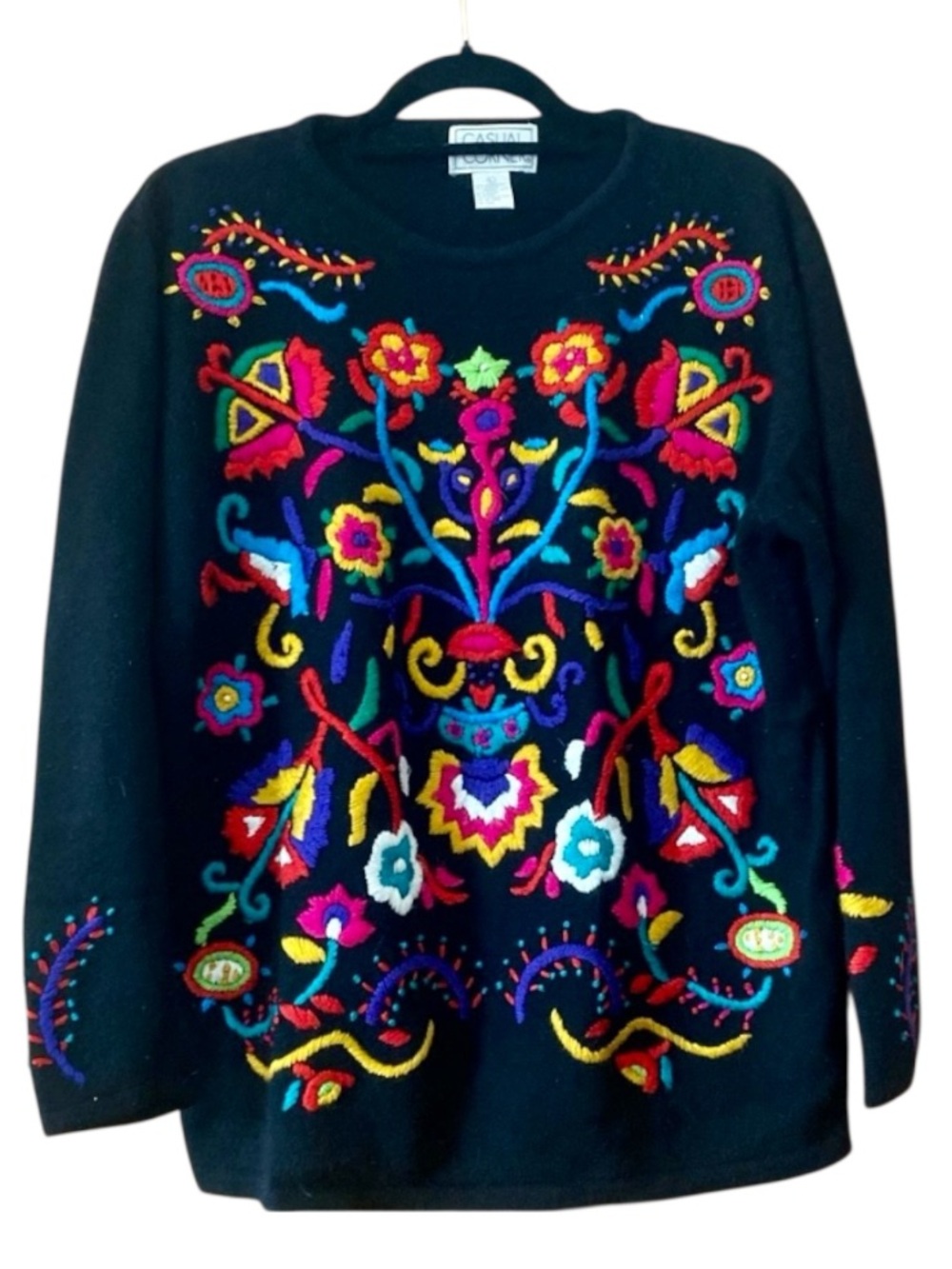 Vintage Floral Embroidered Angora Lambswool Sweater Folk Art Boho Cottagecore